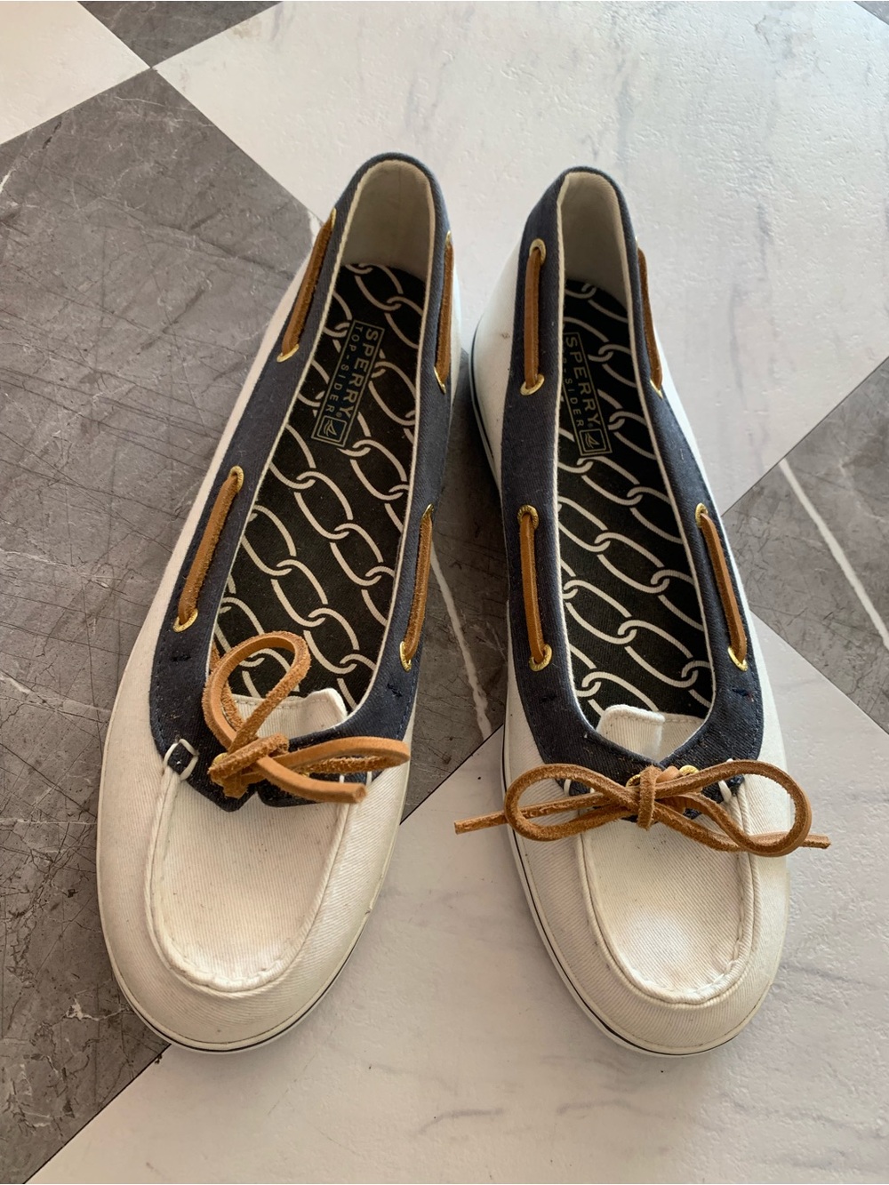 Sperry White Canvas and Navy Trim Women's Boat Flats with Tan Laces